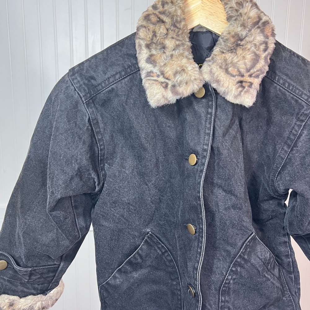 Vtg 90s Denim Jacket Girls Glam Black Faux Leopard Fur KC Collections Size L - Picture 2 of 12